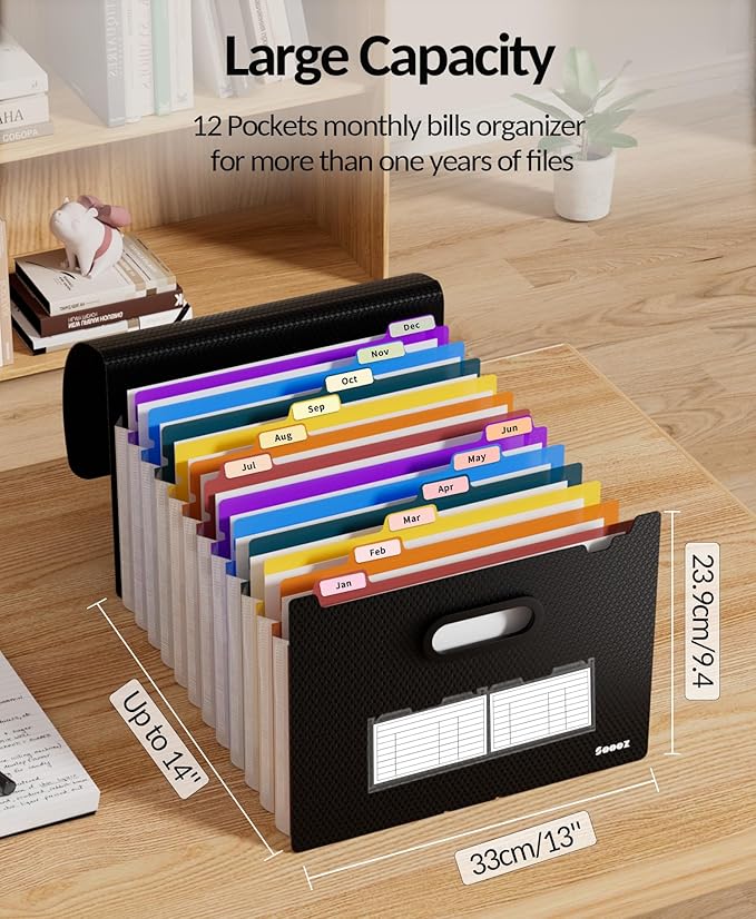 Sooez Upgraded Accordion File Organizer, Expanding File Folder with Deeper 12 Pockets - Never Cover Up Index Tabs, Monthly Bill Paper Receipt Document Organizer, Letter A4 Size for Home Office School