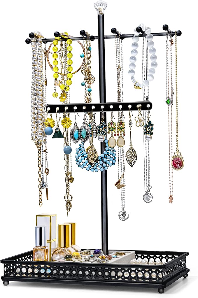 Meangood Jewelry Organizer Stand, 15.6" H Jewelry Tree Display Holder Stand for Bracelets Necklaces Earrings Rings, Gift for Women Girls (Black)
