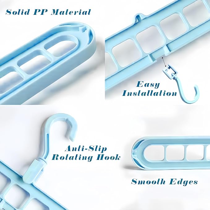 9 Space-Saving Hangers Heavy-Duty PP Plastic Tiered Hanger Organizer with Non-Slip Foldable Design, for Closet (Blue, 10)