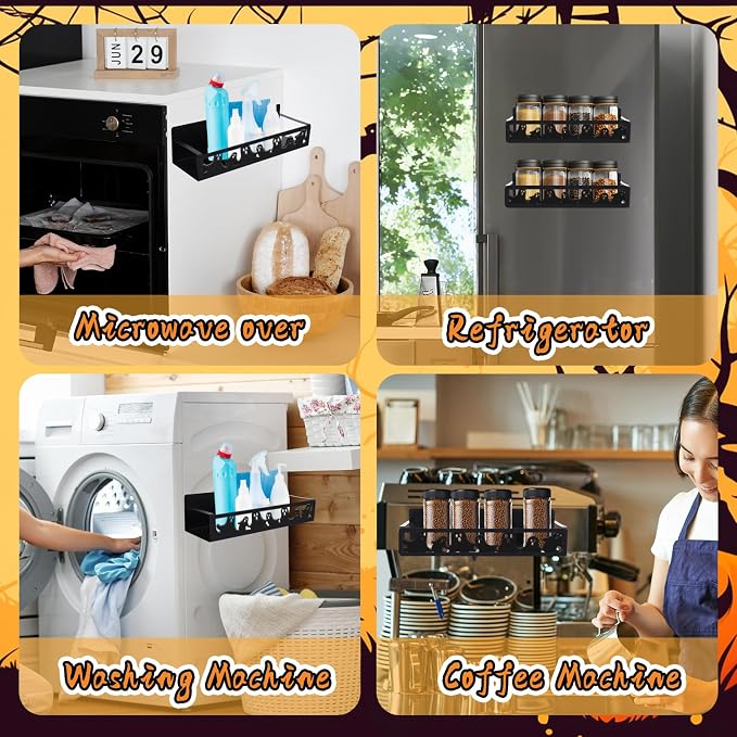 JarThenaAMCS 2Pcs Halloween Magnetic Spice Rack for Refrigerator Black Ghost Metal Basket Shelf Seasoning Storage Organizer Holder for Home Kitchen Fridge Decor Accessories