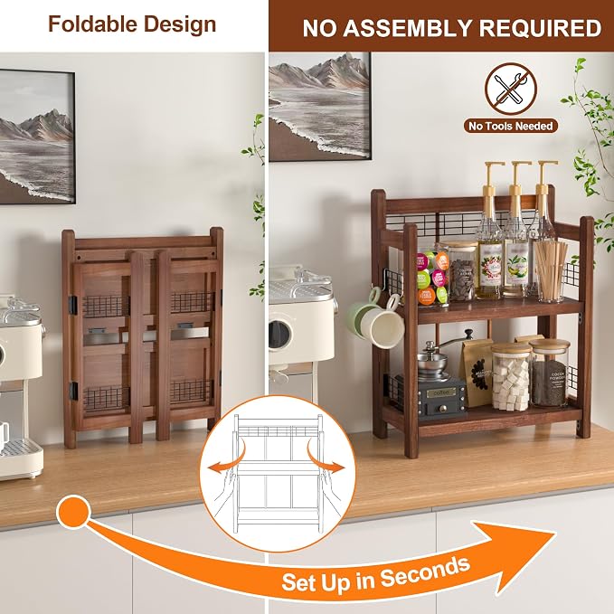 No-Assembly Coffee Bar Organizer, 2-Tier Coffee Station Shelf | Foldable Oak Wood Shelf, Coffee Station Accessories Storage for Syrup, 3 Hooks for Mugs, Kitchen Countertop Organizer, Walnut