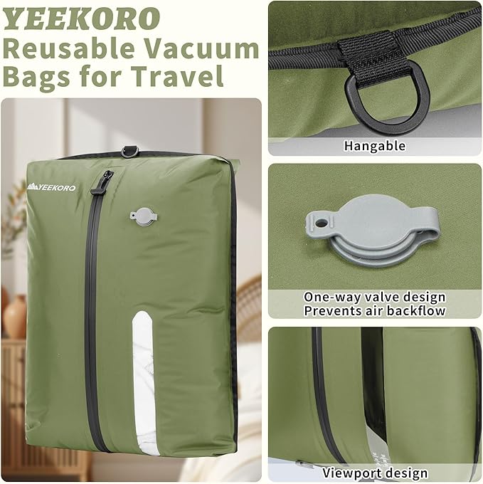 Vacuum Bag for Travel, Reusable Vacuum Compression Bags with Wired Pump for Travel Suitcases, Professional IPX8 Waterproof Traveling Kit, Durable Storage and Organization(2Pack Green)