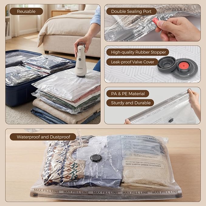 Vacuum Seal Bags for Clothing Travel,12-Pack, 80% Space Reduction | Fits Carry-On, Luggage, and Suitcase, Reusable Airtight Seal Prevents Leaks, Ideal For Home Storage & Travel Packing