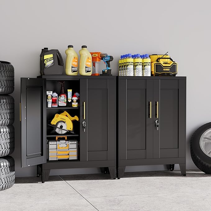 Black Metal Storage Cabinet, 36" Tall Locking Storage Cabinet with 2 Adjustable Shelves, Steel Locker Organizer, for Office, Home, School, 11.81" D x 23.62" W x 35.83" H, 2PS