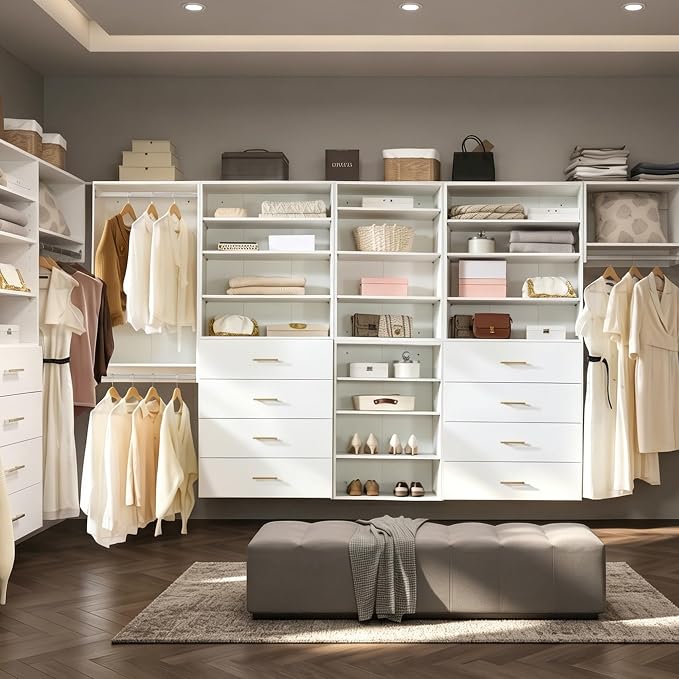 34.5" Double Hanging Closet Module, White MDF Closet Organizer System with 2 Aluminum Hanging Rods, Wall-Mounted Wardrobe Storage for Shirts, Pants, Coats, Bedroom, Walk-In Closet Unit