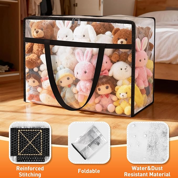 Clear Under Bed Storage Containers - 4 Pack Large Capacity Clothes Storage Bags with Lid & Sturdy Handles, Foldable Moving Bags, Clothing Organizer Totes for Bedding, Comforter, Sheet（40 L）