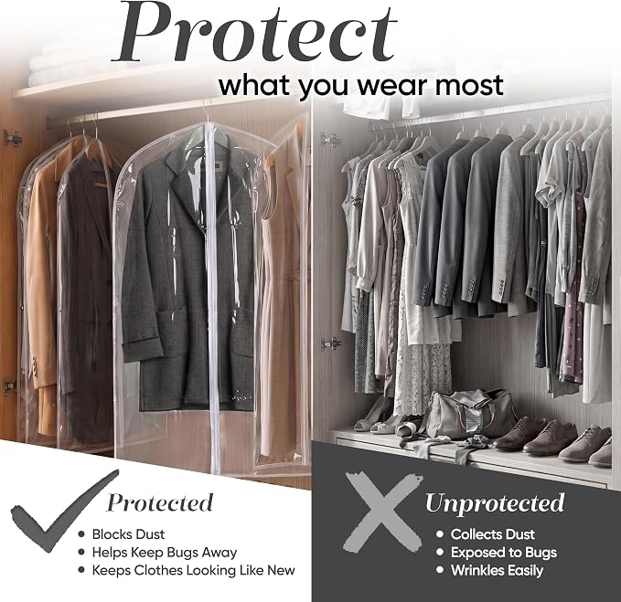 Handy Laundry Clear Vinyl Garment Bag - Protect Your Clothing While Traveling & Dust Free While Hanging in Your Closet. Ideal for Coats, Suits, Dresses or Gowns - Set of 2 (24 X 42 Inches)