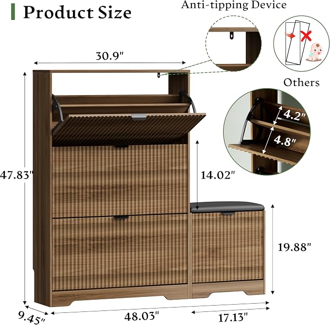 Xixini Shoe Storage Cabinet for Entryway with 3 Flip Drawers & Bench, Slim Wood Shoe Organizer with Modern Fluted Panel, Freestanding Narrow Shoe Rack for Front Door Entrance, Hallway, Foyer, Walnut