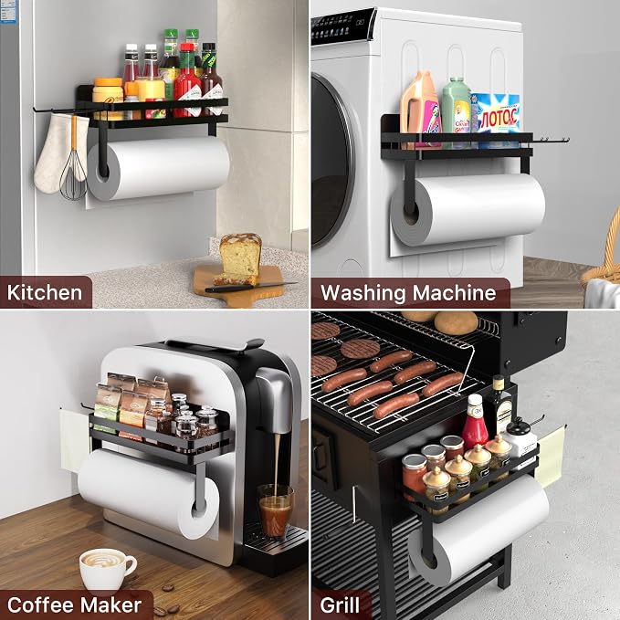 ZUNTO Strong Magnetic Paper Towel Holder for Fridge, Multifunctional Spice Rack Organizer with 2 Detachable Hooks, No Drilling Kitchen Storage for RV & Bathroom, Black