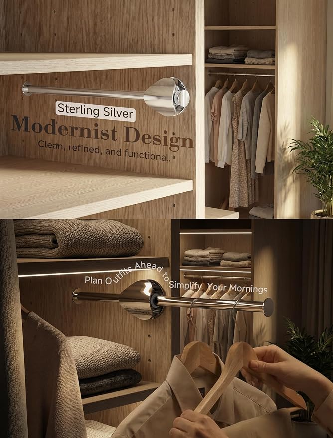 INMAKER Valet Rod for Closet Slide out | Pull out to 9.5" Hanger Rod for ≥12" Deep Closet, Sterling Silver, 2 Pack
