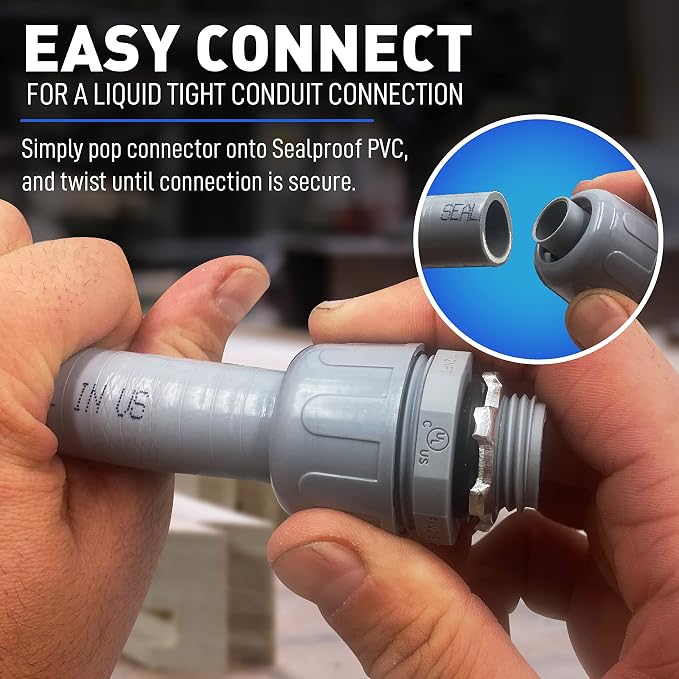 Sealproof 1/2-Inch Non-Metallic Liquid-Tight Conduit and Connector Kit, 100 Foot Made in USA Flexible Electrical Conduit Type B with 6 Straight and 4 90-Degree Conduit Connector Fittings, 0.5" Dia