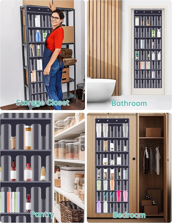 NiHome 35-Pocket Door Hanging Cup Organizer Fit for Stanley Tumbler 30 40oz | Large Capacity Over the Door Water Bottle Storage with Nano Tape, Waterproof Oxford Fabric, U-Shaped Handle Slots (Dark Gray)