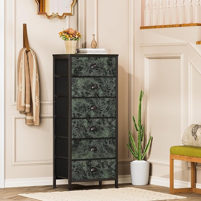 Furnulem Dresser for Bedroom, 6 Drawer Tall Storage Tower Unit and Chest | Vintage Green Fabric Drawer Organizer in Dorm, Vertical Tall Nightstand Furniture in Living Room,Closet, Metal Frame,Wood Top