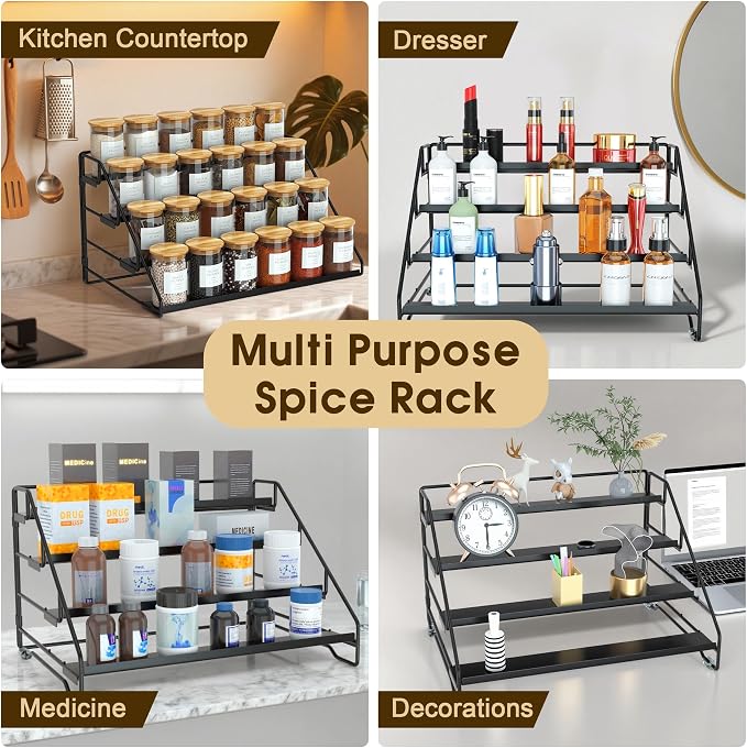 Jolitac 4-Tier Spice Rack Organizer, Depth Adjustable Step Shelf, Metal Spice Rack Perfect for Cabinet, Countertop & Pantry Storage | Enhances Kitchen Visibility and Organization | 1 Pack