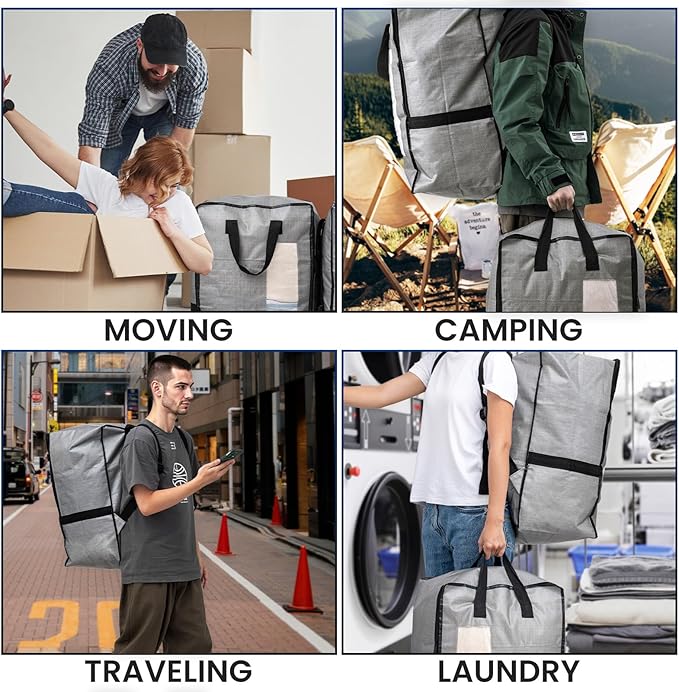 TAILI 2 Pack Gray Moving Bags w/Adjustable Backpack Straps, Moving Supplies, Moving Boxes Alternative, Heavy Duty Storage Totes for College Packing, Camping Backpack for Travel, Dorm, Laundry