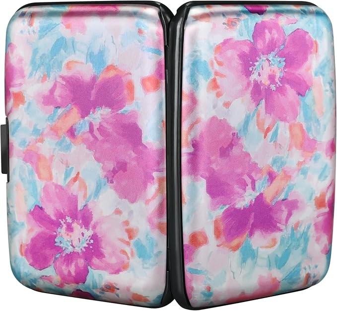 ELFISH Mini RFID Aluminum Wallet Credit Cards Holder Business Card Case Metal ID Case for Men Women(Watercolor Sakura)