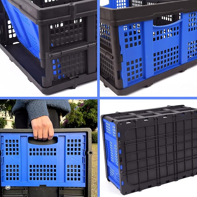 Collapsible Storage Crate 22L x 15W x 10.7H Inch - Foldable and Stackable Plastic Bin, 1.73 Cu Ft Folding Basket for Car Trailer Garage and Home – 3 Pack