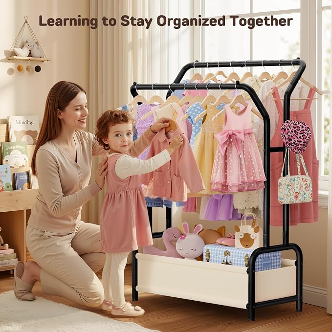 Small Kids Clothing Rack for Kids Room: Double Hanging Rods & Storage Basket - Height Adjustable Dress Up Storage - Anti-Tip Boys Baby Clothing Rack Open Nursery Baby Closet for Costumes, Shoes, Toys