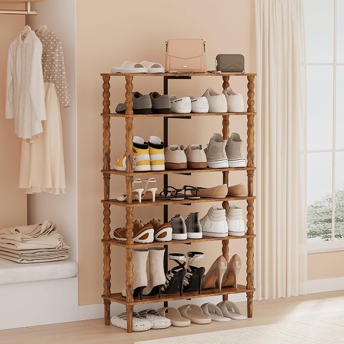 Veegle Shoe Rack,3 Tier Shoe Organizer with Solid Wood Legs for Closet, Entryway, Garage & Corridor, Easy Assembly Shoe Shelves,Rustic Brown