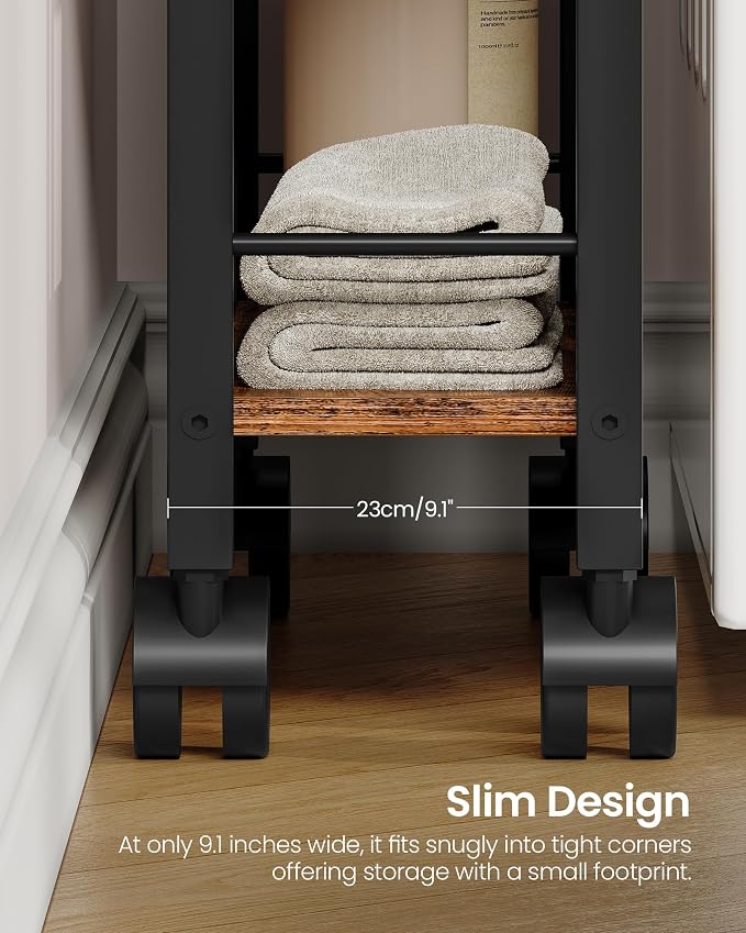 CHOEZON 4-Tier Slim Storage Cart, 9.1'' Kitchen Serving Trolley, Slim Rolling Cart with Handle and Guard Rails, Slim Cabinet for Small Spaces, for Dining Room, Rustic Brown and Black TTC03BF