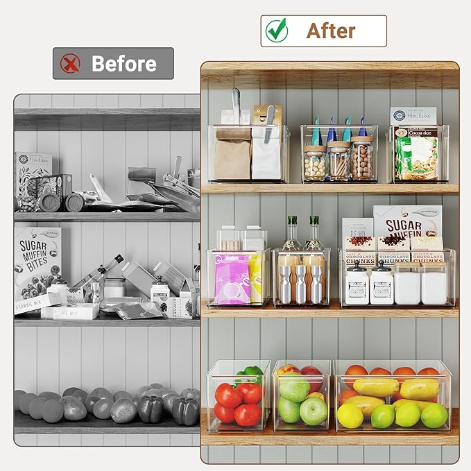 Clear Plastic Storage Bins with Dividers for Fridge Pantry Organizers and Storage Containers, 6 Pack Acrylic Stackable Sturdy Storage Boxes for Home Edit and Cabinet Organizers 6" High, C6-3