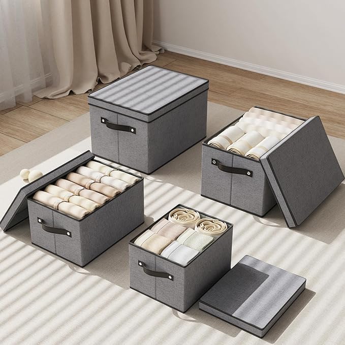 Storage Boxes, 10.2×7.8×6.7 Inch Closet Organizers for Shelves Bedroom Office with Handles, Storage Bins with Lids, Gray, 3-Pack