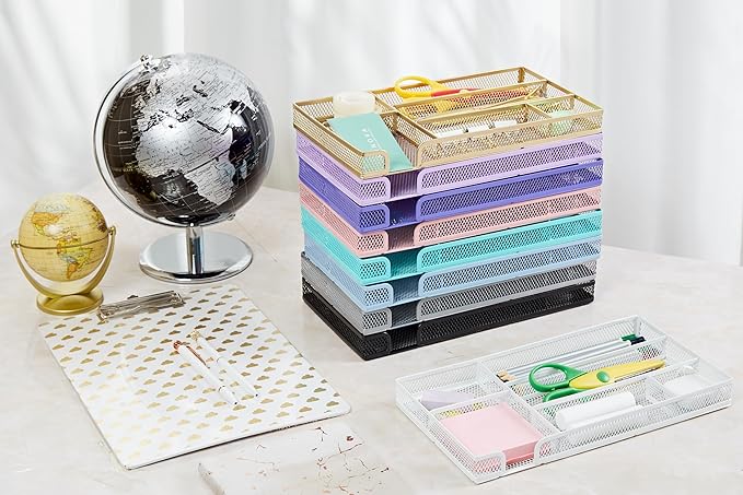 Annova Desk Drawer Organizer Tray for Office Organization - Metal Mesh - Storage Tray with Dividers for Pens, Desktop Accessories, Bathroom, Kitchen, Makeup and Office Supplies (Small, Silver)