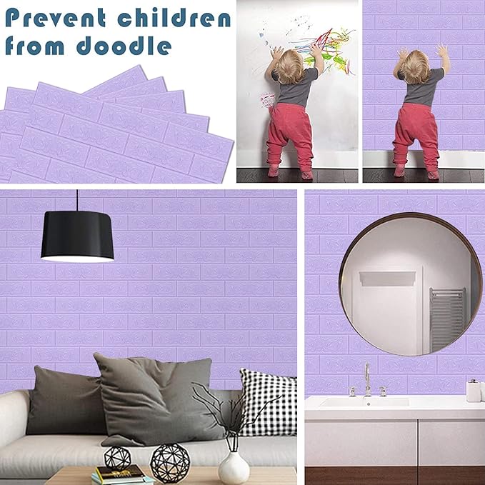 3D Wall Panels, 29 sq.feet Coverage, Printable Wallpaper Sticker with Self-Adhesive Waterproof Brick PE Foam Wall Panels Peel and Stick for Interior Wall Decor, Home Decoration 20 PCS Purple