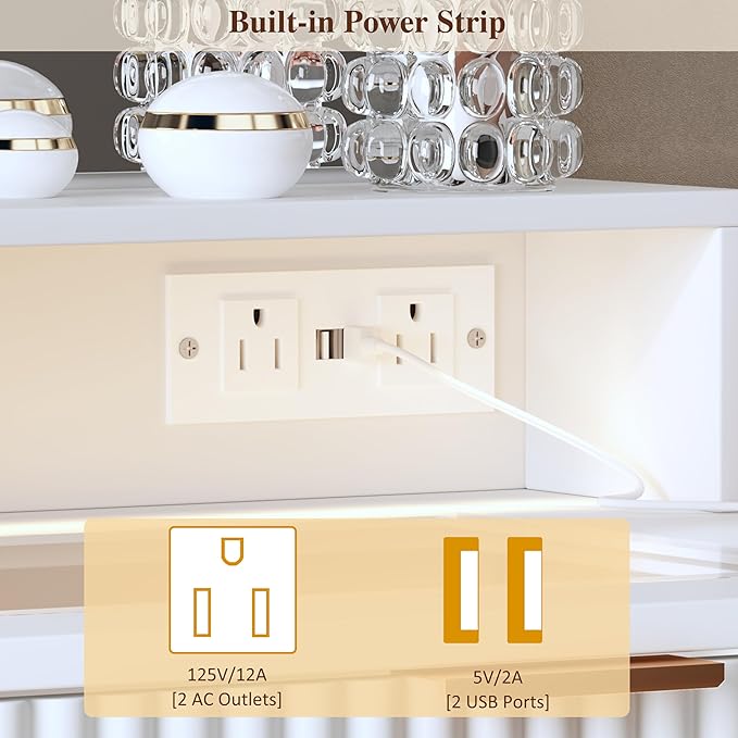HUAHUU Fluted Vanity Desk with Mirror and Lights, Makeup Vanity Desk with Glass Top, Nightstand & Fluted Panel Design, 5 Drawers, 3 Colors Lighting Adjustable Brightness, Power Outlet, White