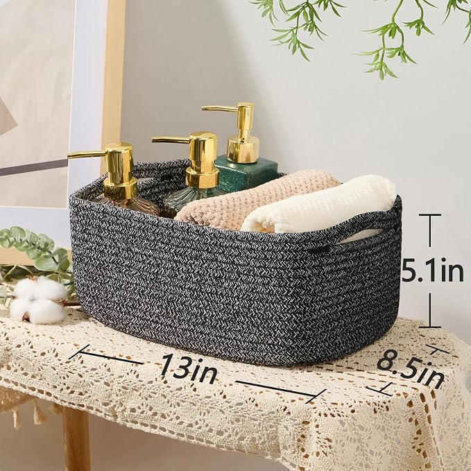 MiniArk Small Storage Baskets for Organizing | Closet Organizer Bins | Shelf Toy Basket | Woven Rope Baskets | Cube Decorative Box | Shallow Basket | 13x8.5x5.1” | 4 Packs Dark Gray