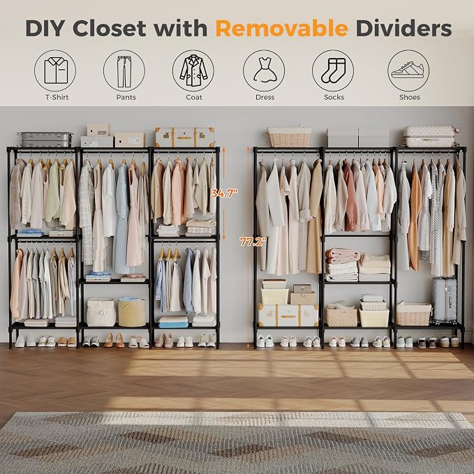 OLIXIS Heavy Duty Clothes Rack, Portable Wardrobe Closet, 81" L, Black | Freestanding Closet Organizer with Hanging Rods, Clothes Rack with Shelves, for Cloakroom, Bedroom