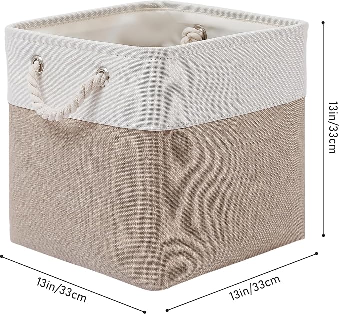 MidmmVick 13 x 13 Inch Cube Storage Bins, 6 Pack Extra Large Collapsible Fabric Storage Bin with Ropes, Foldable Storage Cubes for Home (White & Beige-13"x13"x13")