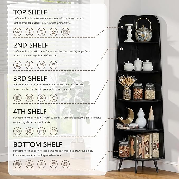 VECELO 5-Tier Curved Corner Shelf, 66.93" Tall Freestanding Corner Bookshelf, Wood Grain Narrow Corner Storage Display Rack with Wooden Legs for Living Room Bedroom Small Space, White