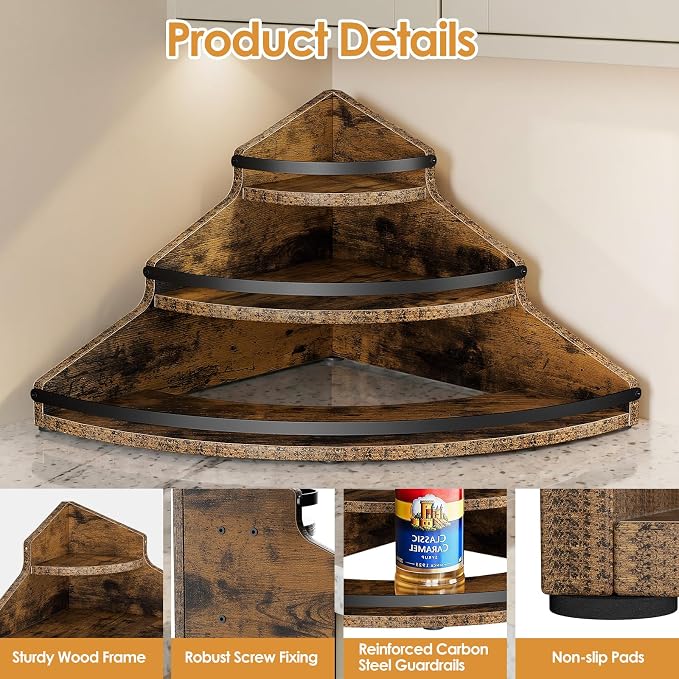 Nuovoware Coffee Syrup Organizer, 3-Tier Corner Syrup Bottles Holder | Guardrail and Non-Slip Mat, Tree-Shaped Countertop Coffee Bar Organizer for Coffee Bar, Home Bar, Brown+Black