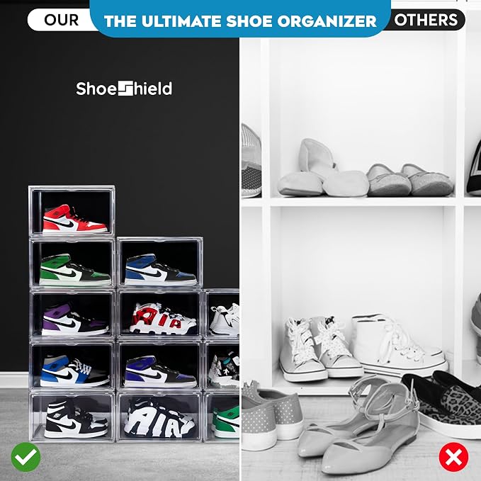Ultra All Clear Shoe Boxes Plastic Stackable Professional Grade Shoe Display Case with Magnetic Side Drop Door Open Easy Assembly Modern Shoe Sneaker Display Case Fits US Size 14