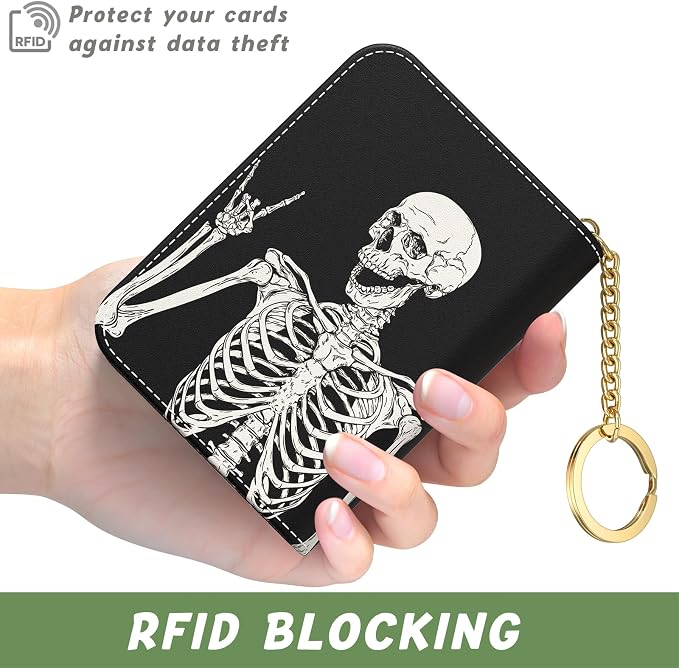 Aiawoxc Credit Card Holder, Small RFID Wallet Slim Leather Card Organizer Case with Zipper and Keychain, Skeleton