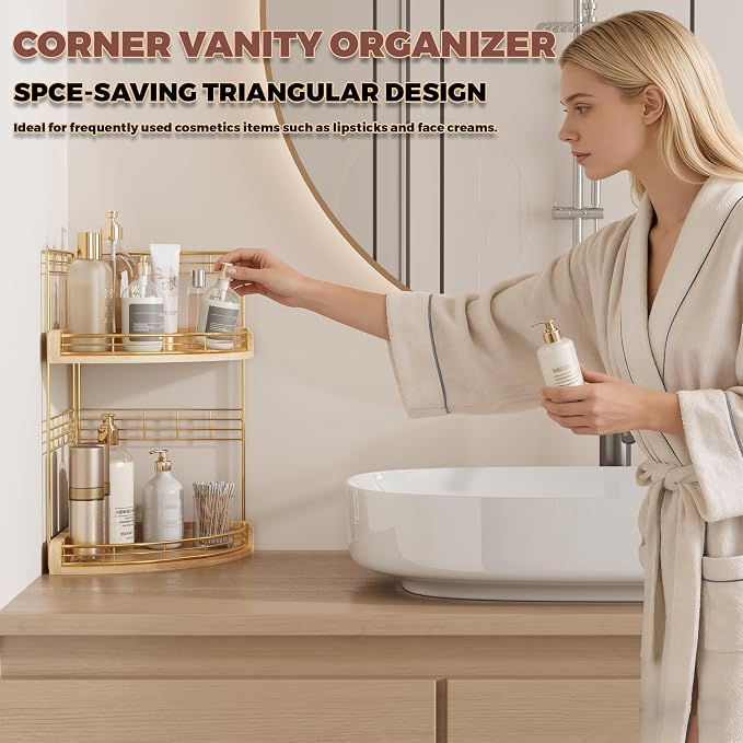 Bathroom Countertop Corner Organizer for Small Spaces, 2-Tier Counter Shelf | Oak Wood & Iron Counter Shelf for Sink & Vanity Corners, Skincare, Toiletries, Space-Saving, Compact Vertical Storage Natural