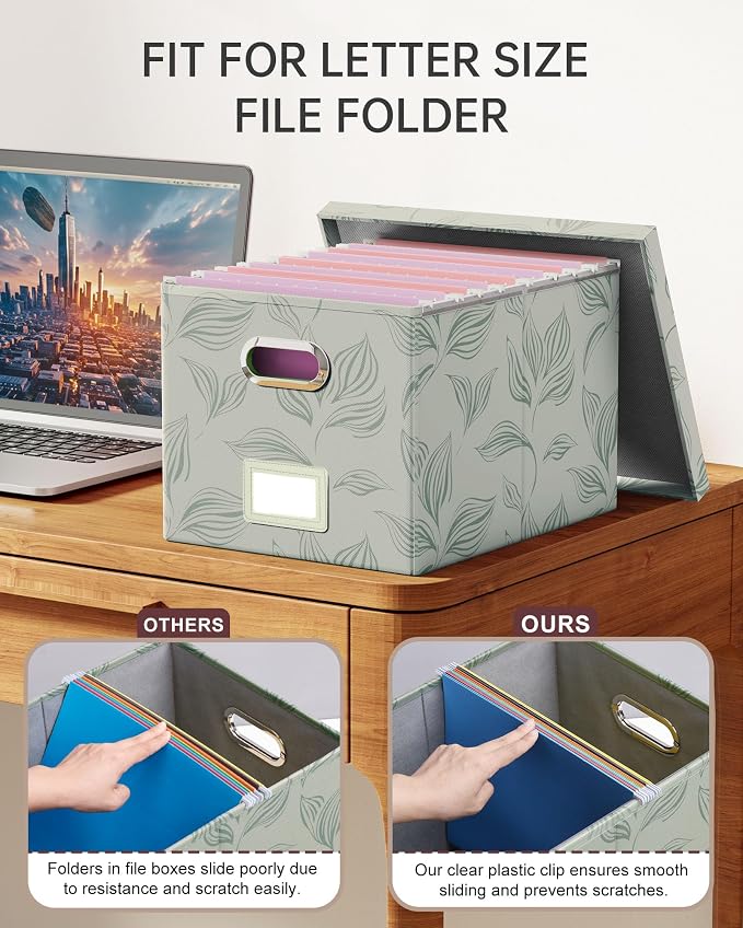 Oterri 2 Pack File Storage Organizer, Document Organizer, Portable File Box with Lid, Fit for Letter/Legal File Folder Storage,Leaf Gray-Box only