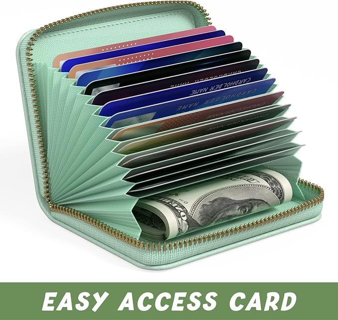 Aiawoxc Credit Card Holder for Women, Small RFID Wallet Slim Leather Business Card Organizer Case with Zipper and Keychain, Green