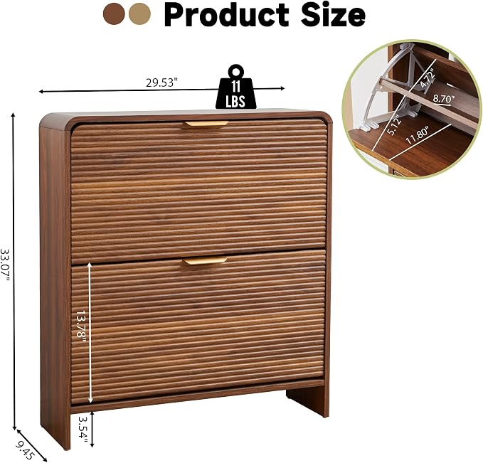 RARZOE Fluted Shoe Cabinet with 2 Flip Drawers, 29.5''Walnut | Narrow Curved Shoe Storage Cabinet, Freestanding Wood Hidden Shoe Organizer Closed Shoe Rack for Entryway Foyer, Hallway