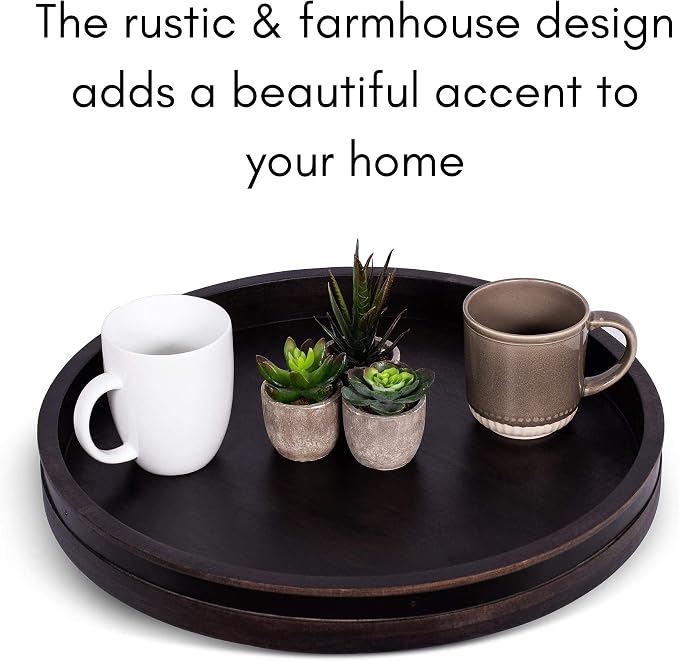 BIRDROCK HOME Wooden Lazy Susan Turntable - Spice Rack Organizer for Kitchen Table, Dining, Pantry and Countertop - Rotating Tray for Condiments - with Burnished Iron Accents - 18" Large, Black