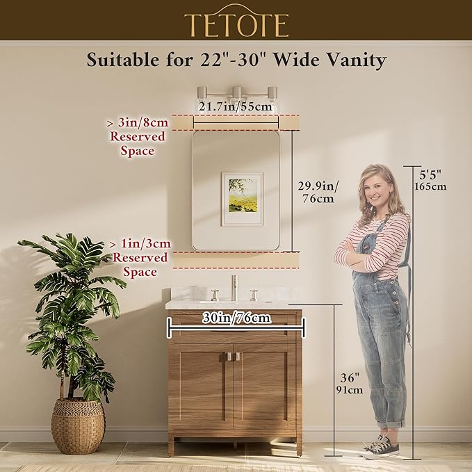 TETOTE Gold Framed Mirror for Bathroom, 22 x 30 Inch Vanity Mirror for Wall, Brushed Brass Rectangle Round Corner Entry Way Golden Frame Mirror 2 Inch Thick Frame(Horizontal/Vertical)
