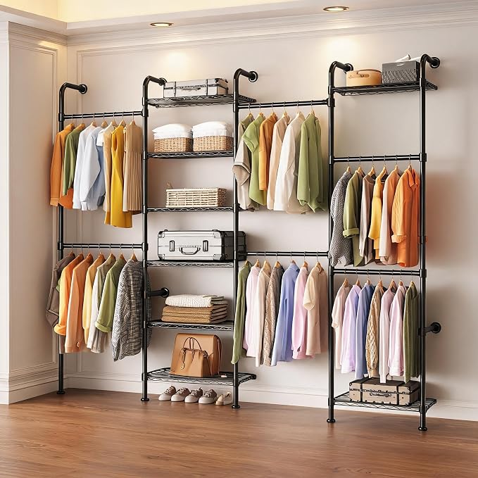 Garvee L4 Wall Mounted Pipe Closet System, Matte Black | Carbon Steel, Expandable Rods 23.62-35.43 in, 8 Wire Shelves, Closet Storage