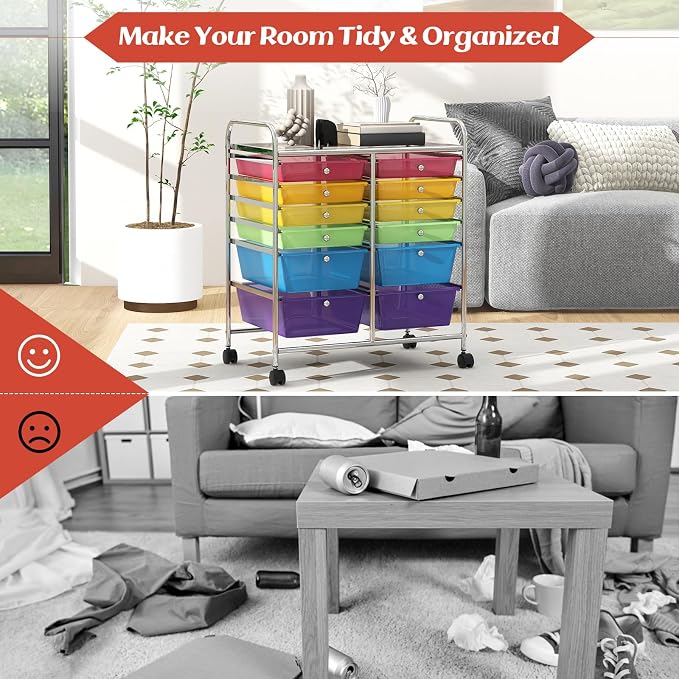 Moccha 12-Drawer Rolling Storage Cart - Utility Cart on Wheels with Lockable Casters for Craft Art Supply Paper Salon, Mobile Drawer Carts for Classroom Teacher School Office (Rainbow)