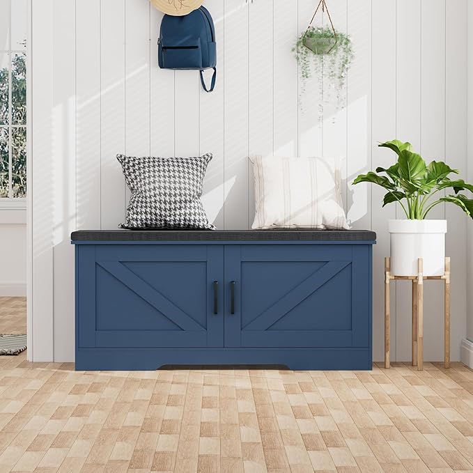 HOMSHO Farmhouse Shoe Storage Bench with 2 Barn Doors & Padded Seat Cushion | 39.4" Wide Entryway Bench with Adjustable Shelves & Hidden Storage, Blue