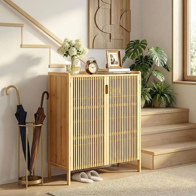 Bamboo Shoe Storage Cabinet for Entryway with Doors, Hidden Shoe Organizer | Adjustable Shelves | 5 Tiers for 25 Pairs | Modern Wood Shoe Cabinet for Living Room, Bedroom, Front Door, Hallway & Closet