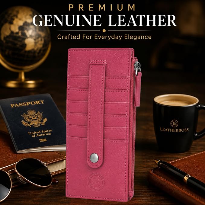 Leatherboss Genuine Leather Women's All in One Credit Business Card Case Holder Slim Zipper Wallet With a Card Protection Strap, Pink