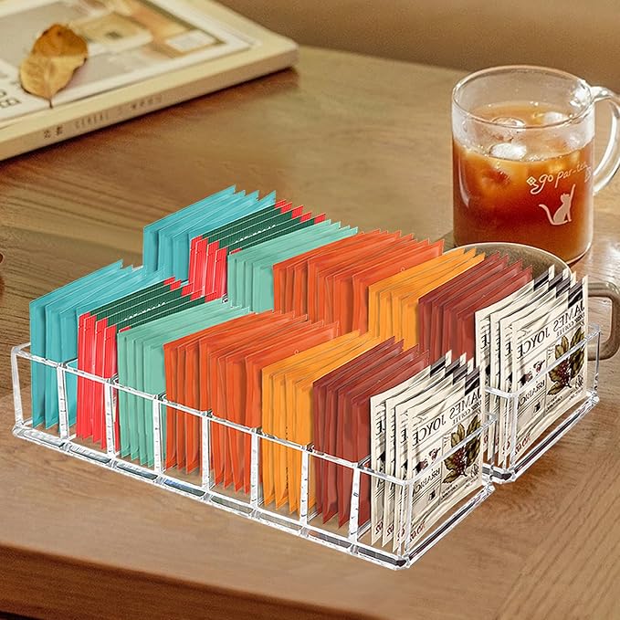 Tasybox Tea Bag Organizer, Tea Holder, Tea Organizers and Storage, 2 Pack | Acrylic Tea Organizer, Clear Tea Bag Holder, 8 Slot Tea Bag Storage Container for Drawer, Pantry, Kitchen, Cabinet Countertop
