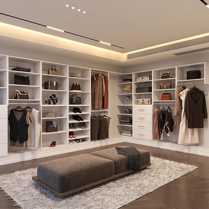 Modular Closet, 96" Wide Organizer With Hanging Shelves, Wood Tower Storage for Walk In Closets, Wall Mounted White Wardrobe Organizer