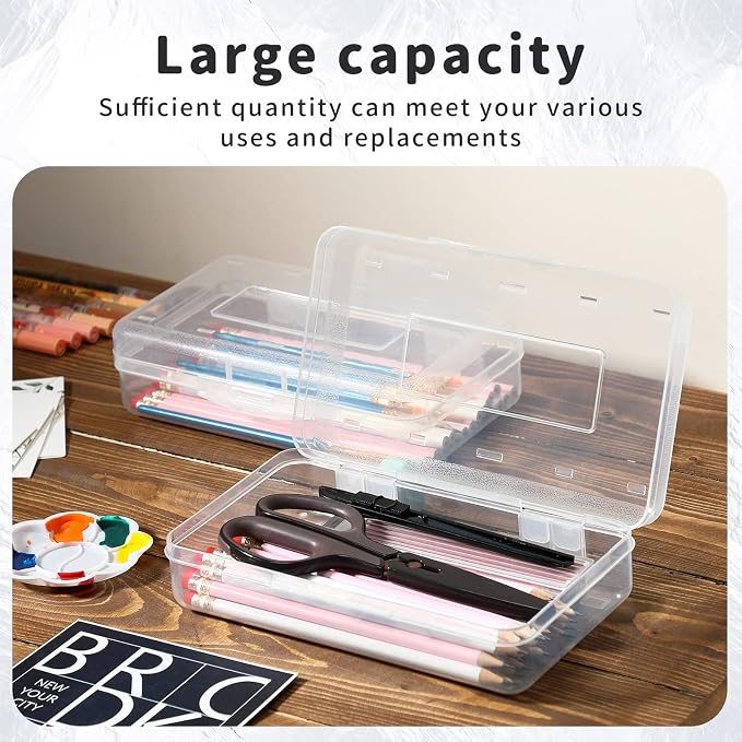 Blulu 10 Pack Large Plastic Pencil Case Box Clear Pencil Boxes Bulk Hard Crayon Box Storage with Snap Lids 8.1 x 4.7 x 2.2 Inch Painting Organizer Classroom Stationery School Supplies (Clear)